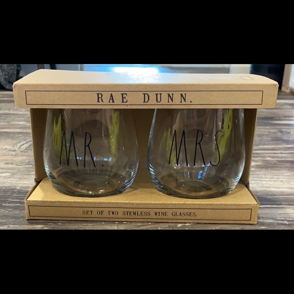 Rae Dunn Mr & Mrs Stemless Wine Glasses